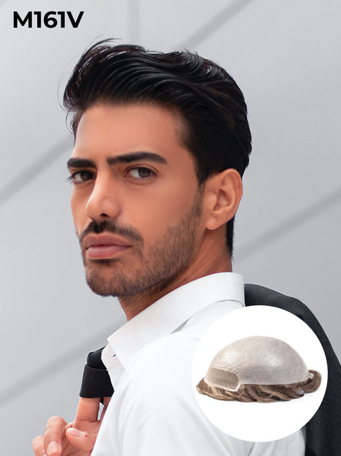 M161V Mens Toupee 8"x10" Poly Skin V Loop Mens Hair System Disposable