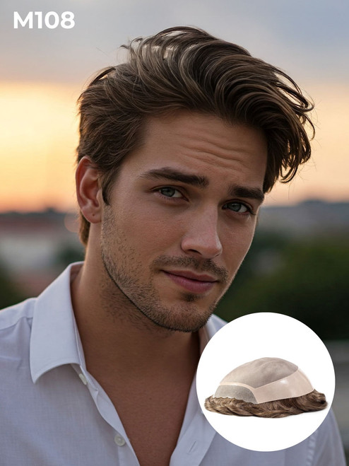 Mens Toupee M108 8"x10" Human Hair Mono Silk Lace Top Hairpiece
